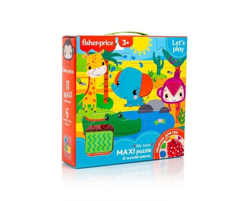 гр Пазли "Fisher Price. Maxi puzzle and wooden pieces" VT1100-01 укр (6) "Vladi Toys", 18 елементів, 6 дерев'яних фігурок, мішечок, в коробці